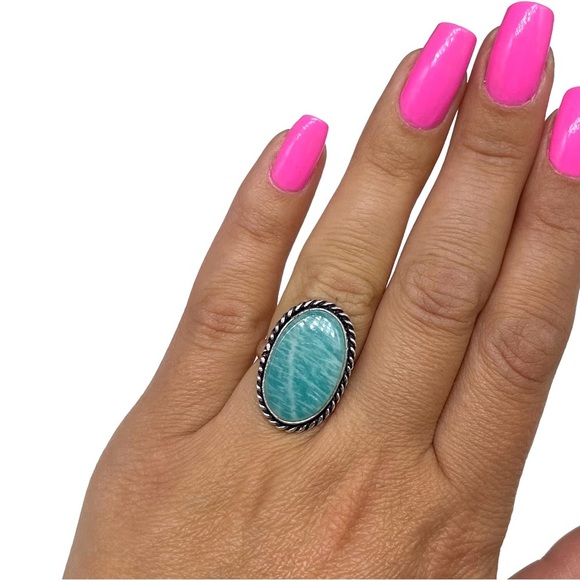 Jewelry - Amazonite Ring 925 Sterling Silver Overlay Size 5.5 Natural Stone Crystal Oval
